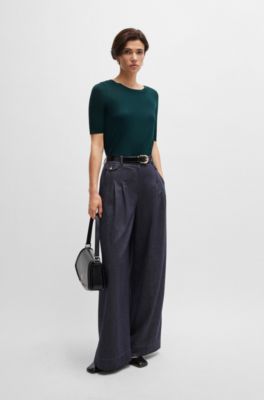 Short-sleeved top in a silk blend, Dark Green