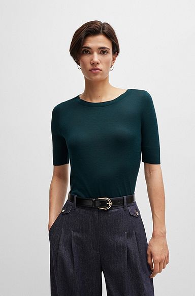 Short-sleeved top in a silk blend, Dark Green