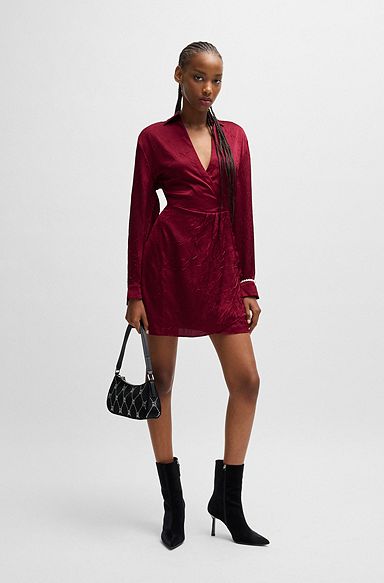 Wrap-front shirt dress in crushed satin, Dark Red