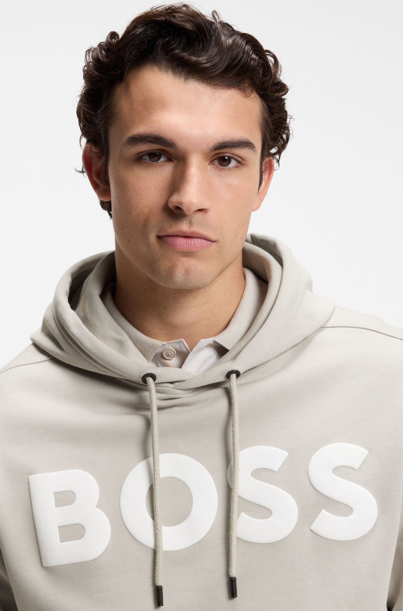 BOSS - Relaxed-fit hoodie in cotton terry with large logo - Light Grey