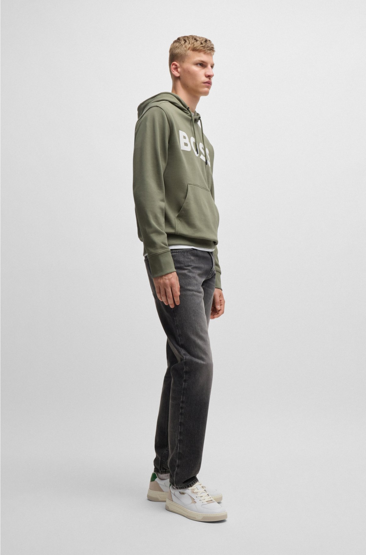 Cotton-terry relaxed-fit hoodie with contrast logo, Khaki