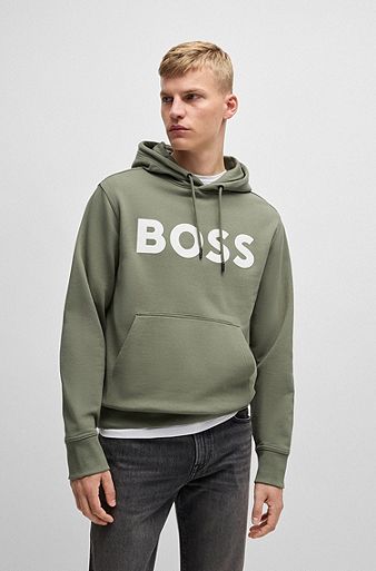 Cotton-terry relaxed-fit hoodie with contrast logo, Khaki
