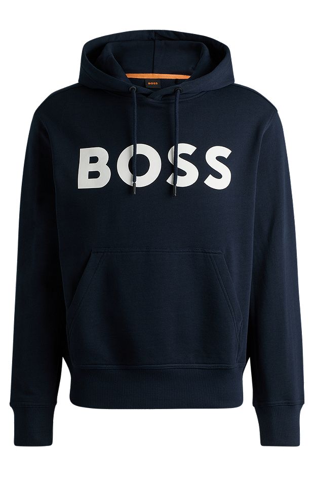 Cotton-terry relaxed-fit hoodie with contrast logo, Dark Blue
