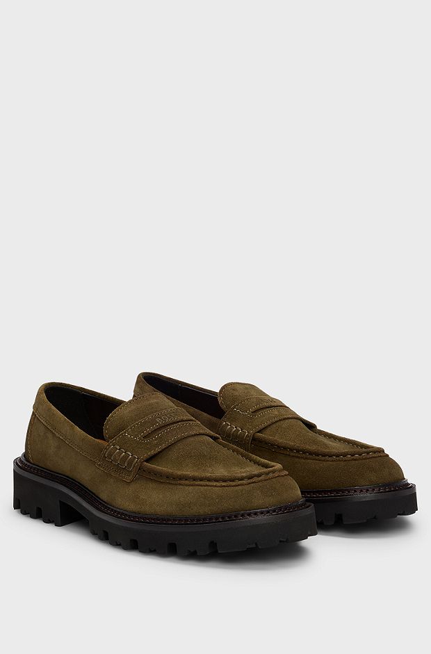Suede loafers with penny trim, Dark Green
