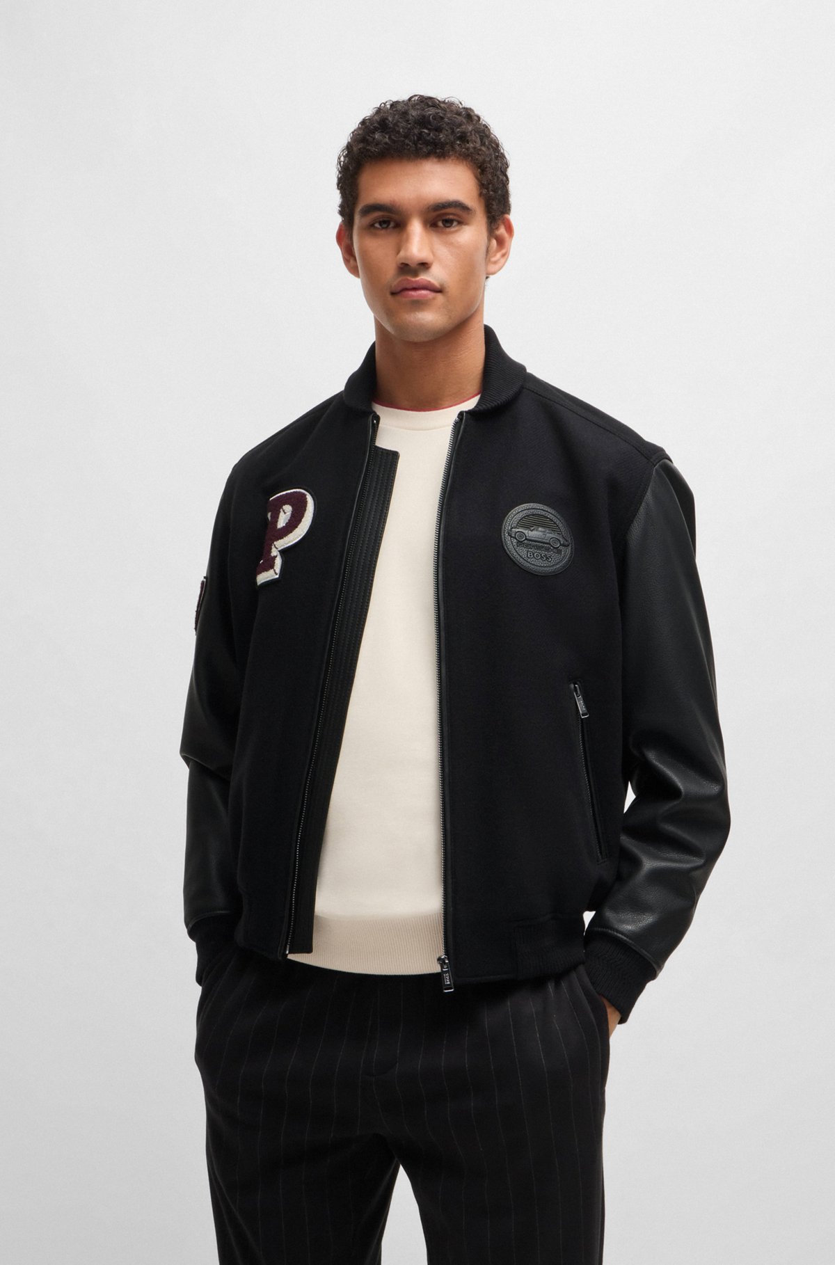 BOSS - Porsche x BOSS wool-blend jacket with leather sleeves BOSS - Porsche x BOSS wool-blend jacket with leather sleeves