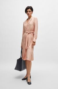 Vestido camisero de seda mate con cinturón, Rosa claro