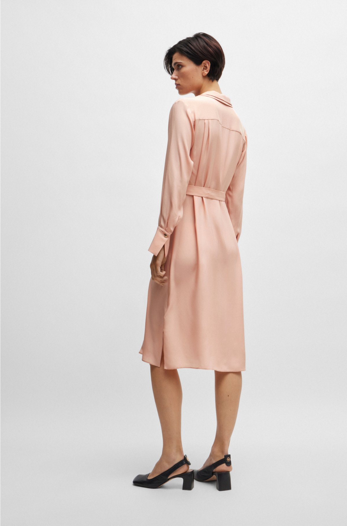 Belted shirt dress in matte silk, light pink