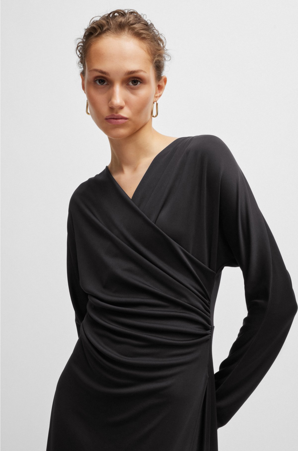 Long-sleeved dress with wrap front, Black
