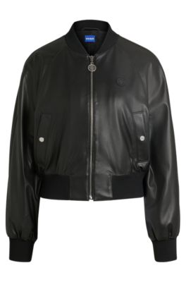 HUGO - Faux-leather bomber jacket with Happy HUGO logo trims - Black