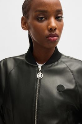 HUGO - Faux-leather bomber jacket with Happy HUGO logo trims - Black