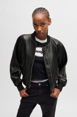 HUGO - Faux-leather bomber jacket with Happy HUGO logo trims - Black