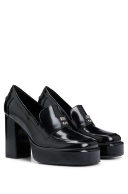 HUGO - Platform loafers in leather with stacked-logo trim