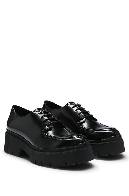 Lace-up shoes in brushed leather with chunky outsole, Black
