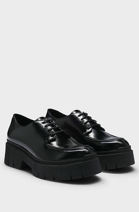 Lace-up shoes in brushed leather with chunky outsole, Black
