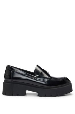 HUGO - Stacked-logo loafers in leather with chunky sole - Black