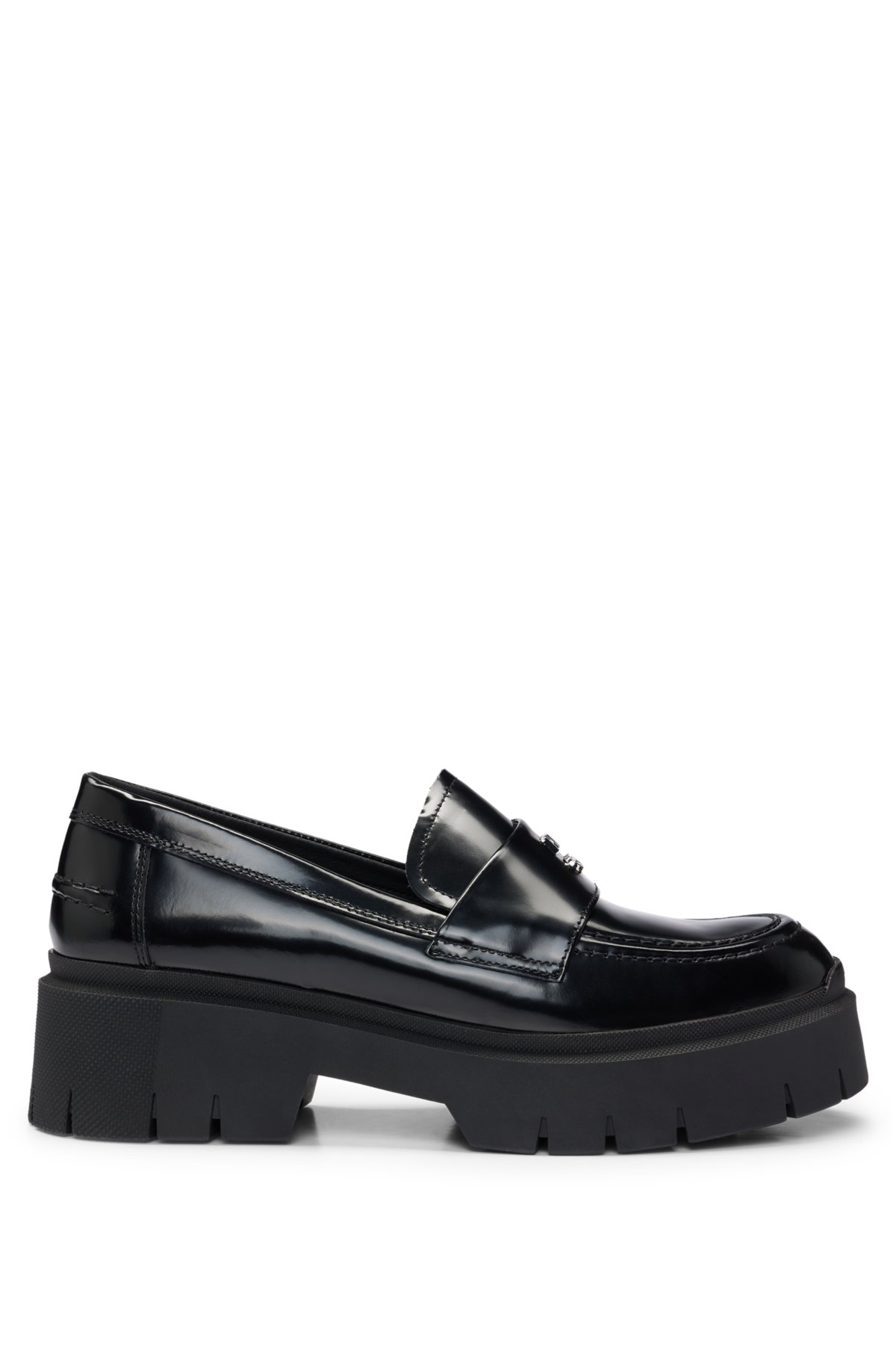 Stacked-logo loafers in leather with chunky sole, Black