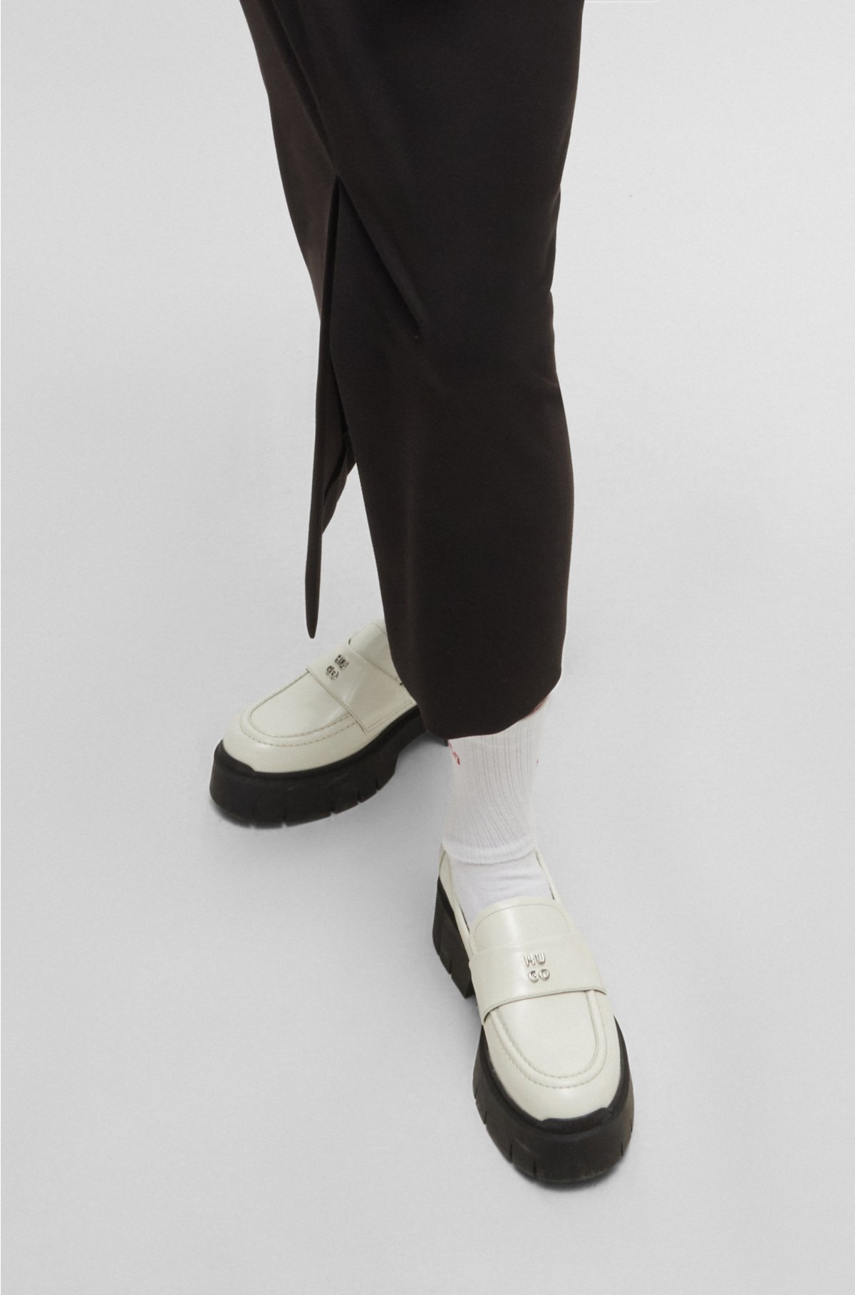 Stacked-logo loafers in leather with chunky sole, White