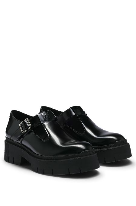 Mary-Jane shoes in leather with stacked logo, Black