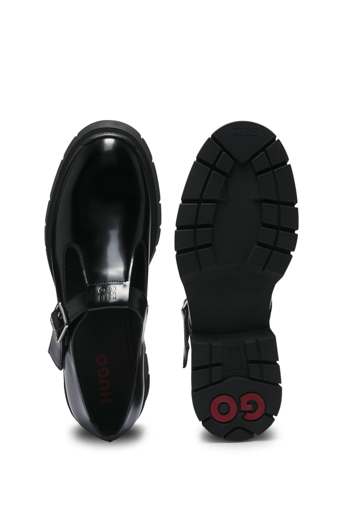 Mary-Jane shoes in leather with stacked logo, Black