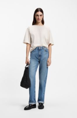 Oversized-fit T-shirt van katoen met logo in puff-print, Naturel