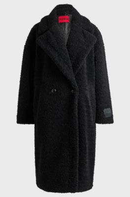 Double-breasted oversized-fit coat in faux fur, Black