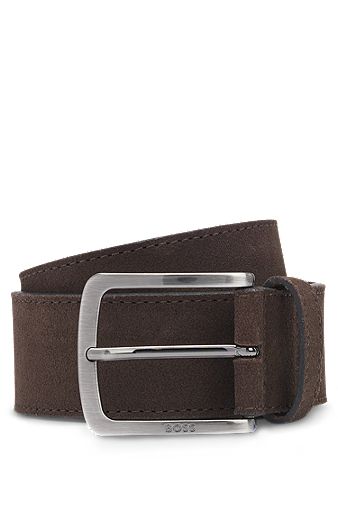 Suede belt with logo buckle, Dark Brown