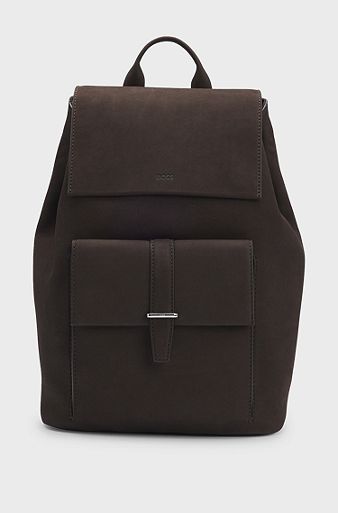 Drawstring backpack in nubuck with branded trims, Dark Brown
