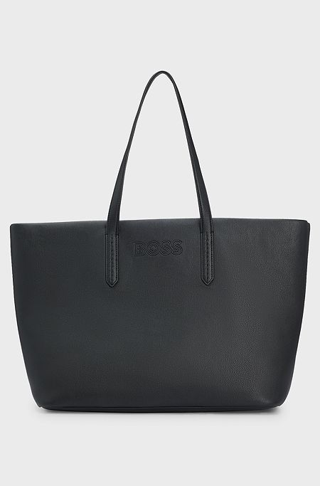 Faux-leather tote bag with outline logo, Black