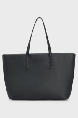 Faux-leather tote bag with outline logo, Black