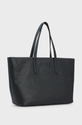Faux-leather tote bag with outline logo, Black