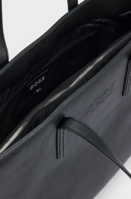Faux-leather tote bag with outline logo, Black