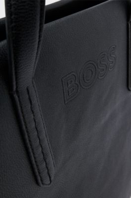 Faux-leather tote bag with outline logo, Black