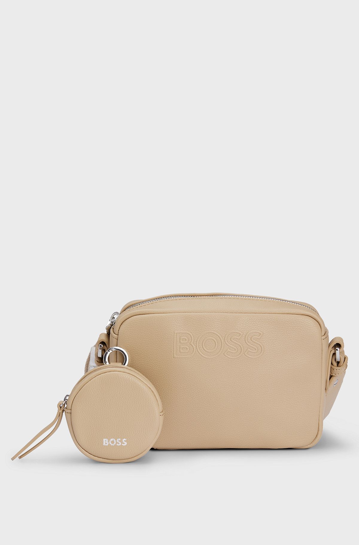 Crossbody bag in faux leather with detachable pouch, Beige