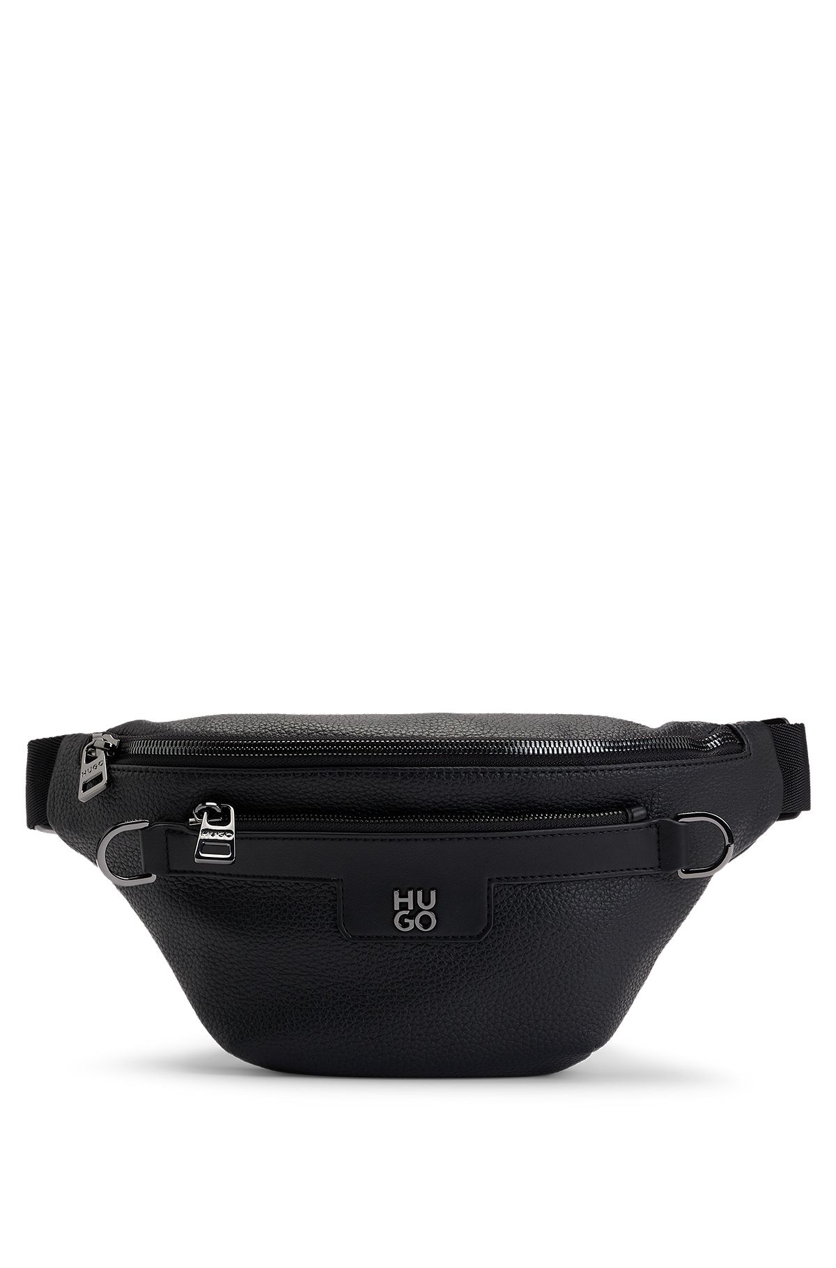 Belt bag in faux leather with metallic stacked logo, Black