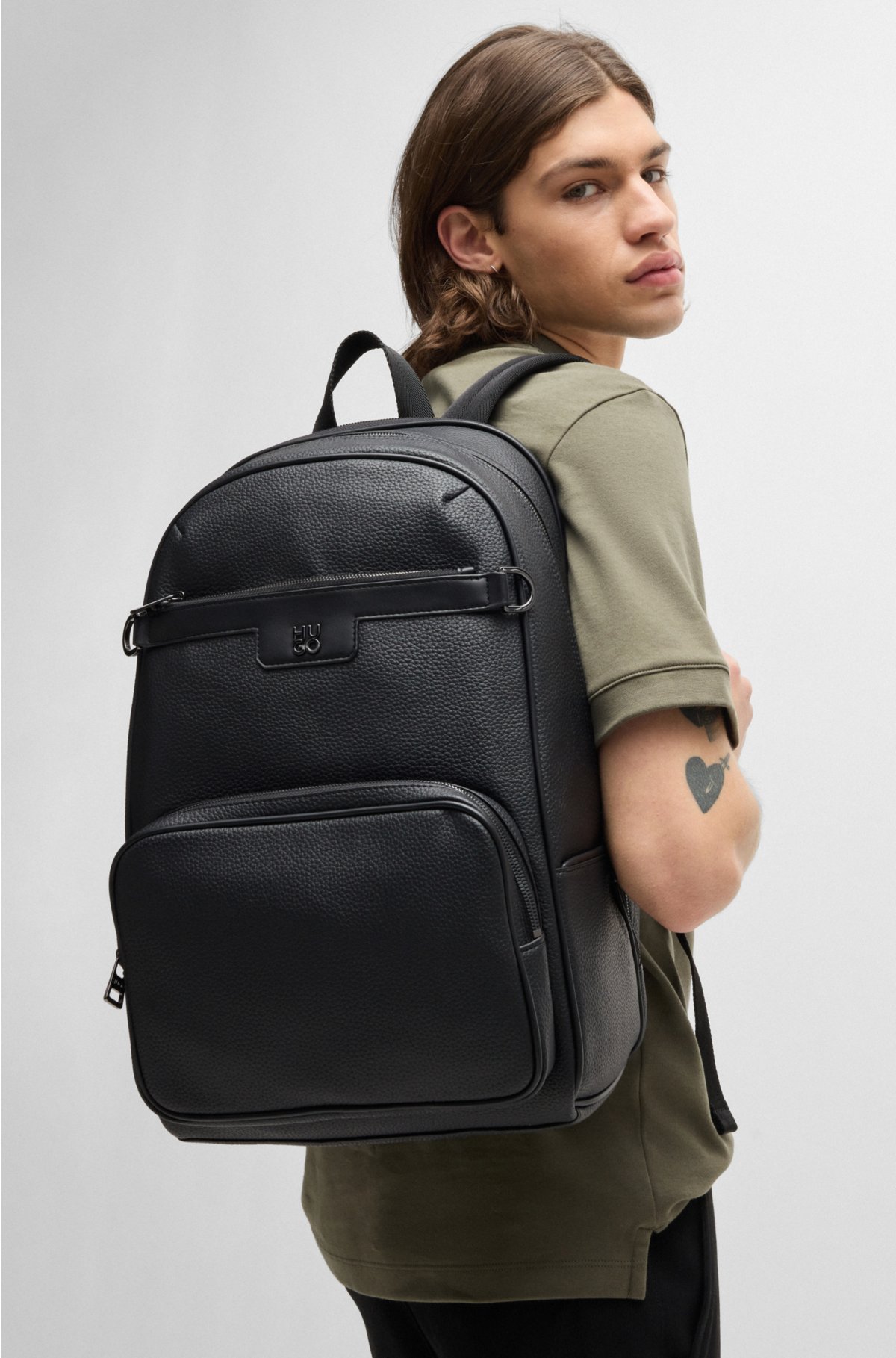 Grained faux-leather backpack with stacked logo trim, Black