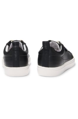 Cupsole trainers in faux leather with logo flag, Black
