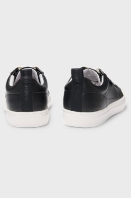 Cupsole trainers in faux leather with logo flag, Black