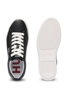 Cupsole trainers in faux leather with logo flag, Black