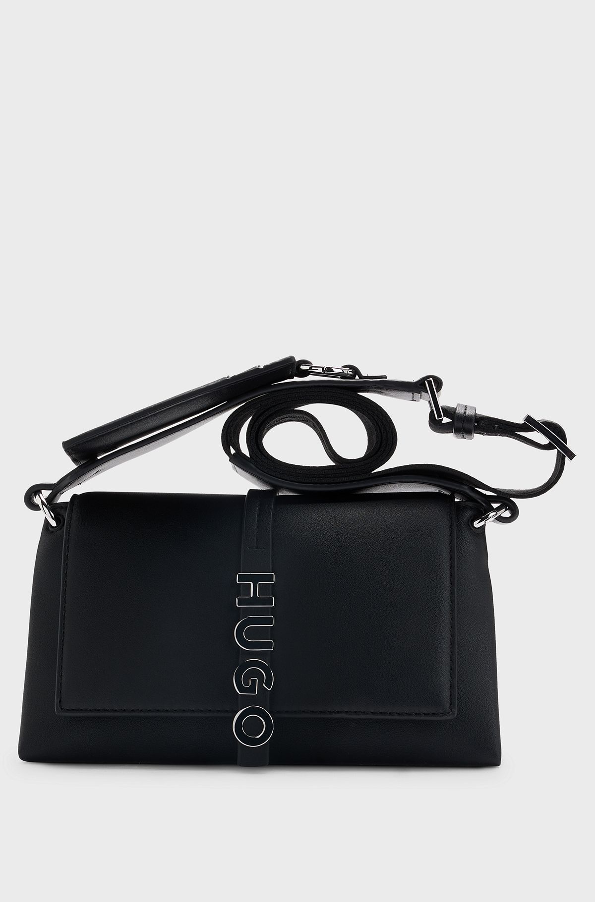 Faux-leather crossbody bag with logo hardware, Black