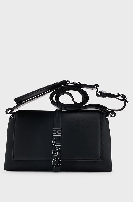Faux-leather crossbody bag with logo hardware, Black