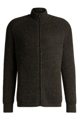 Regular-fit knitted jacket with double rib, Dark Brown