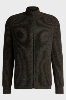 Regular-fit knitted jacket with double rib, Dark Brown