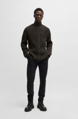 Regular-fit knitted jacket with double rib, Dark Brown