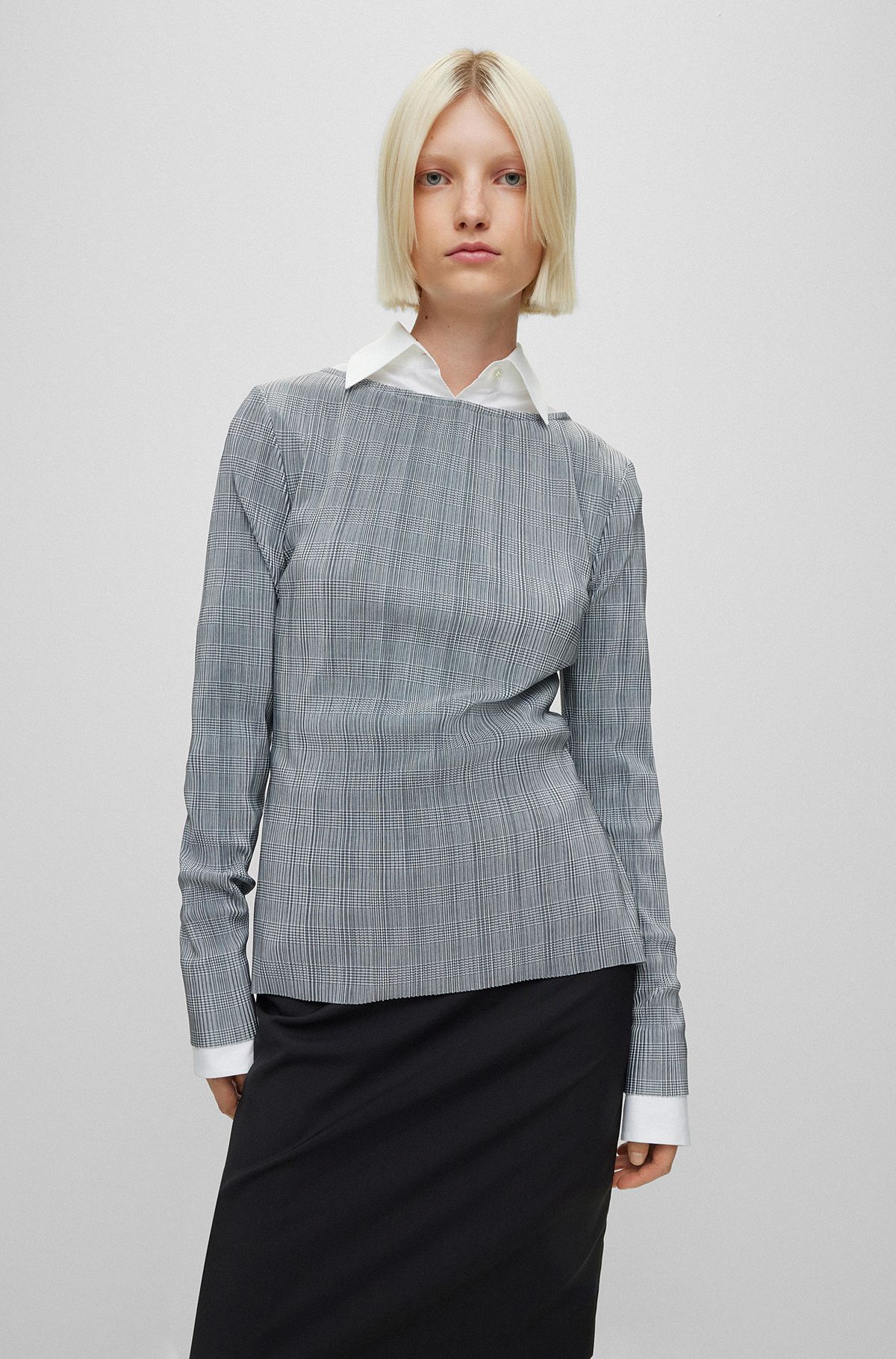 Checked, pleated slim-fit top , Grey