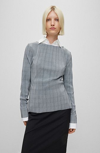 Checked, pleated slim-fit top , Grey