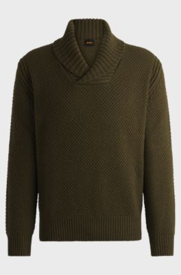 Wool-blend relaxed-fit sweater with shawl collar, Dark Brown