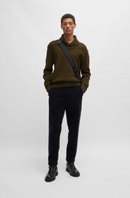 Wool-blend relaxed-fit sweater with shawl collar, Dark Brown