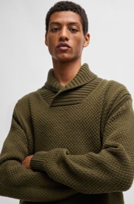 Wool-blend relaxed-fit sweater with shawl collar, Dark Brown