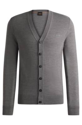 Hugo Boss Wool-blend Regular-fit Cardigan With Embroidered Logo In Gray