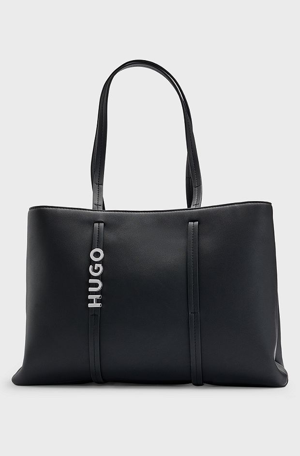 Faux-leather tote bag with polished logo lettering, Black